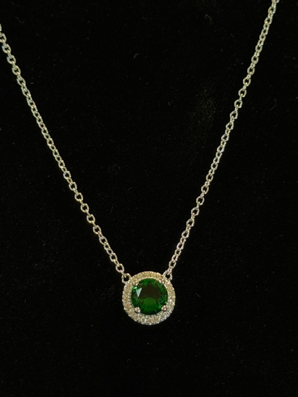 925 Silver Necklace with Emerald and CZ Halo Pendant